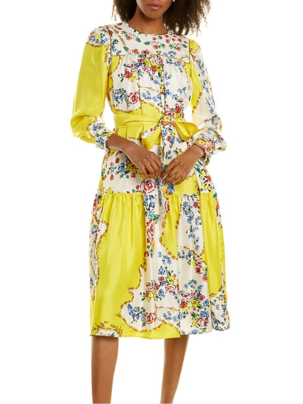 Yellow Floral Patchwork Midi Dress with Tie Waist